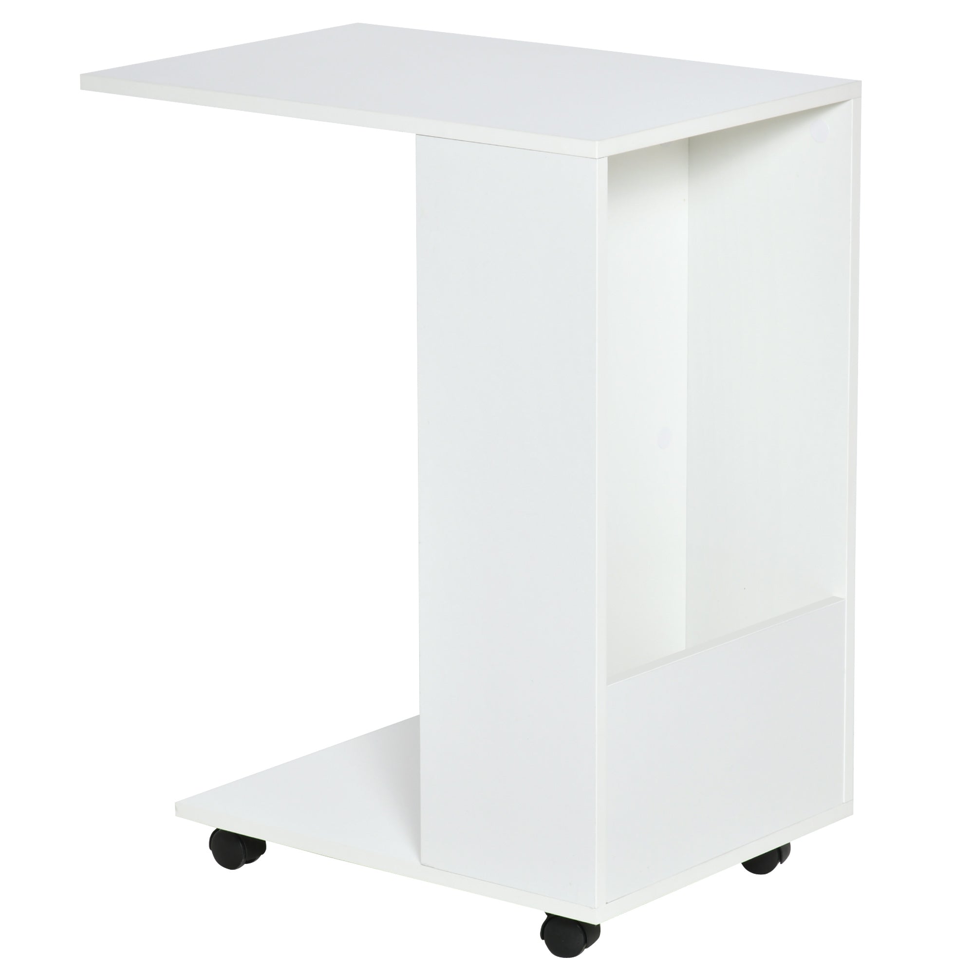 HOMCOM Mobile Sofa Side Table C-Shape End Table with Storage and Casters for Laptop Coffee Snack, White